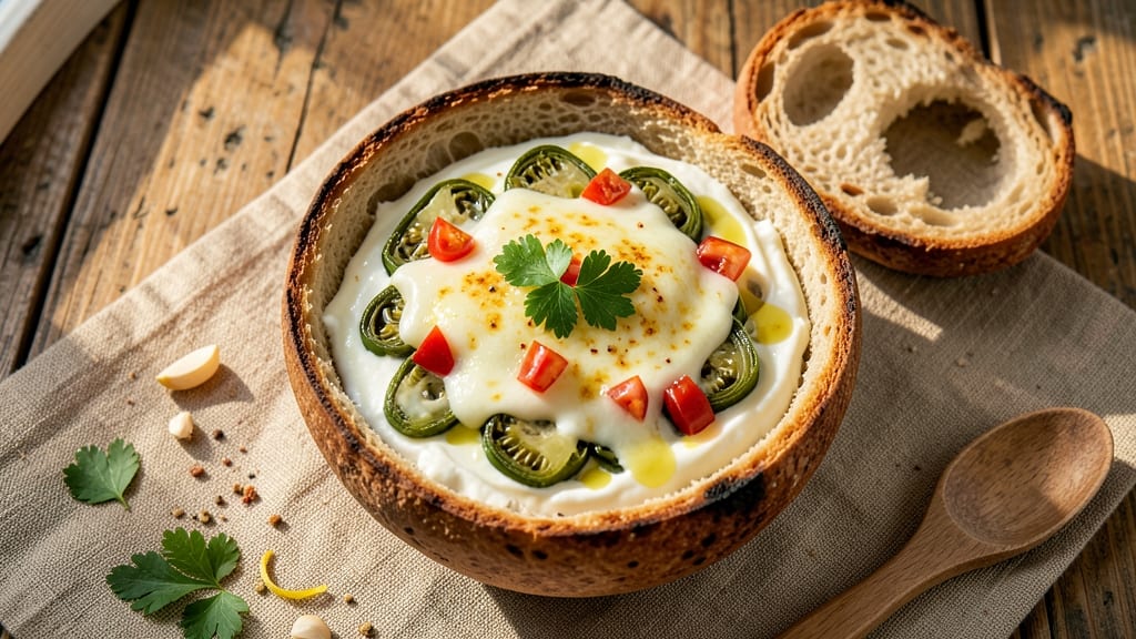 Artichoke Dip in Bread Bowl Recipe: Warm, Gooey Cheese That Melts Into Crusty Edges